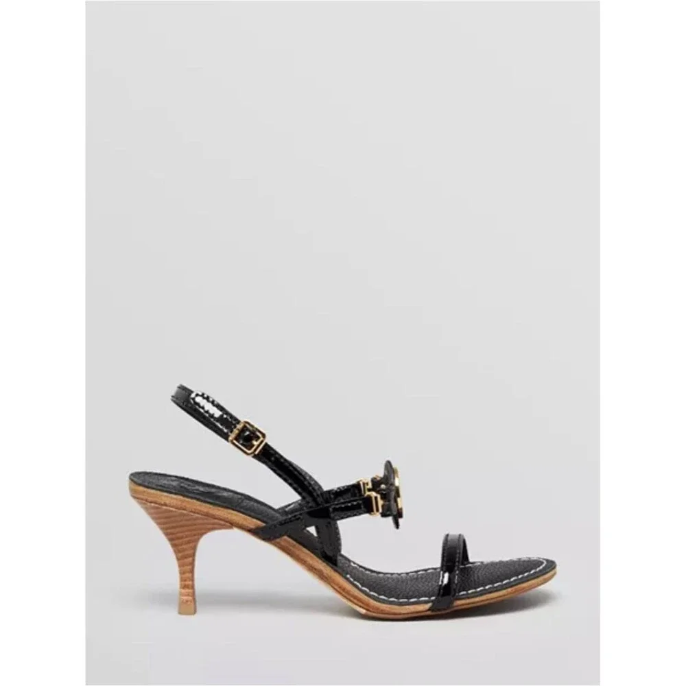 Tory Burch Mira sandals black tumbled leather signature Gold Logo Medallion 9.5